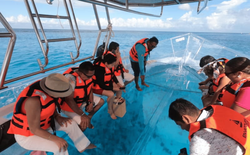 Explore the sea of cozumel in a transprent boat with drinks and snorkel. - The artificial reef called Lego and optional snorkeling